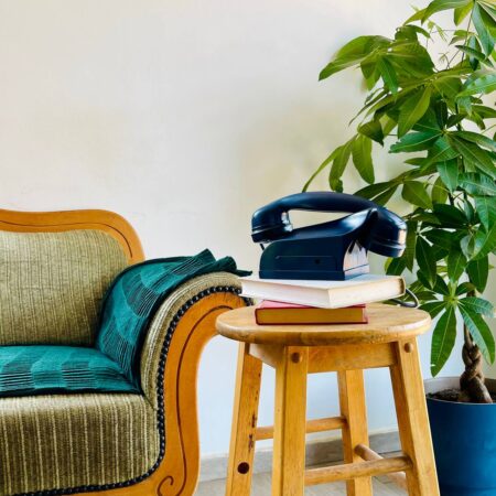 interphone urmet vintage en bakélite posé sur deux livres, le tout sur un tabouret avec une plante en fond